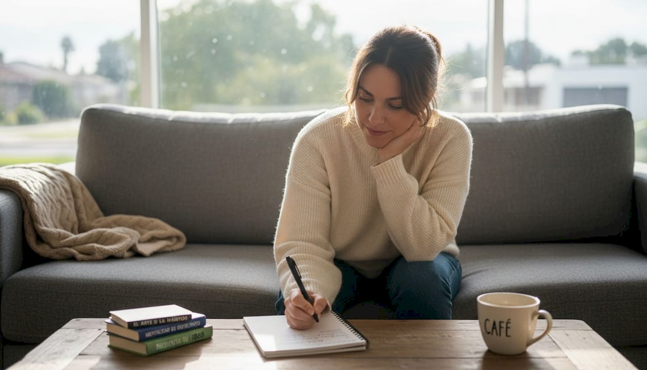 Una mujer disfruta de una tarde tranquila escribiendo en su diario, sentada en el salón de su casa con una taza de café caliente.